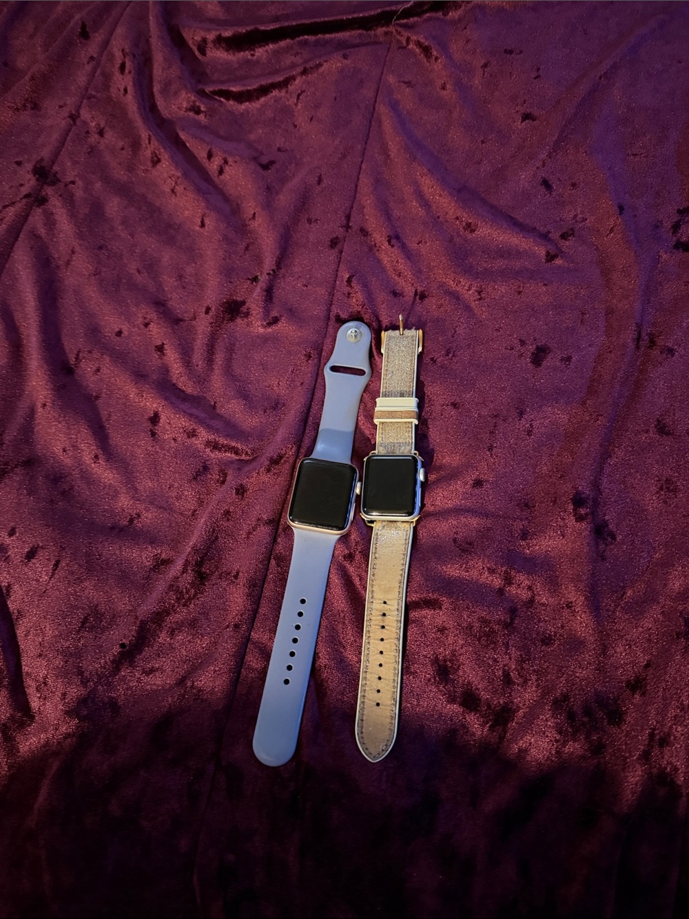 Apple Smartwatches with Lavender Silicone and Gold Tone Leather Bands